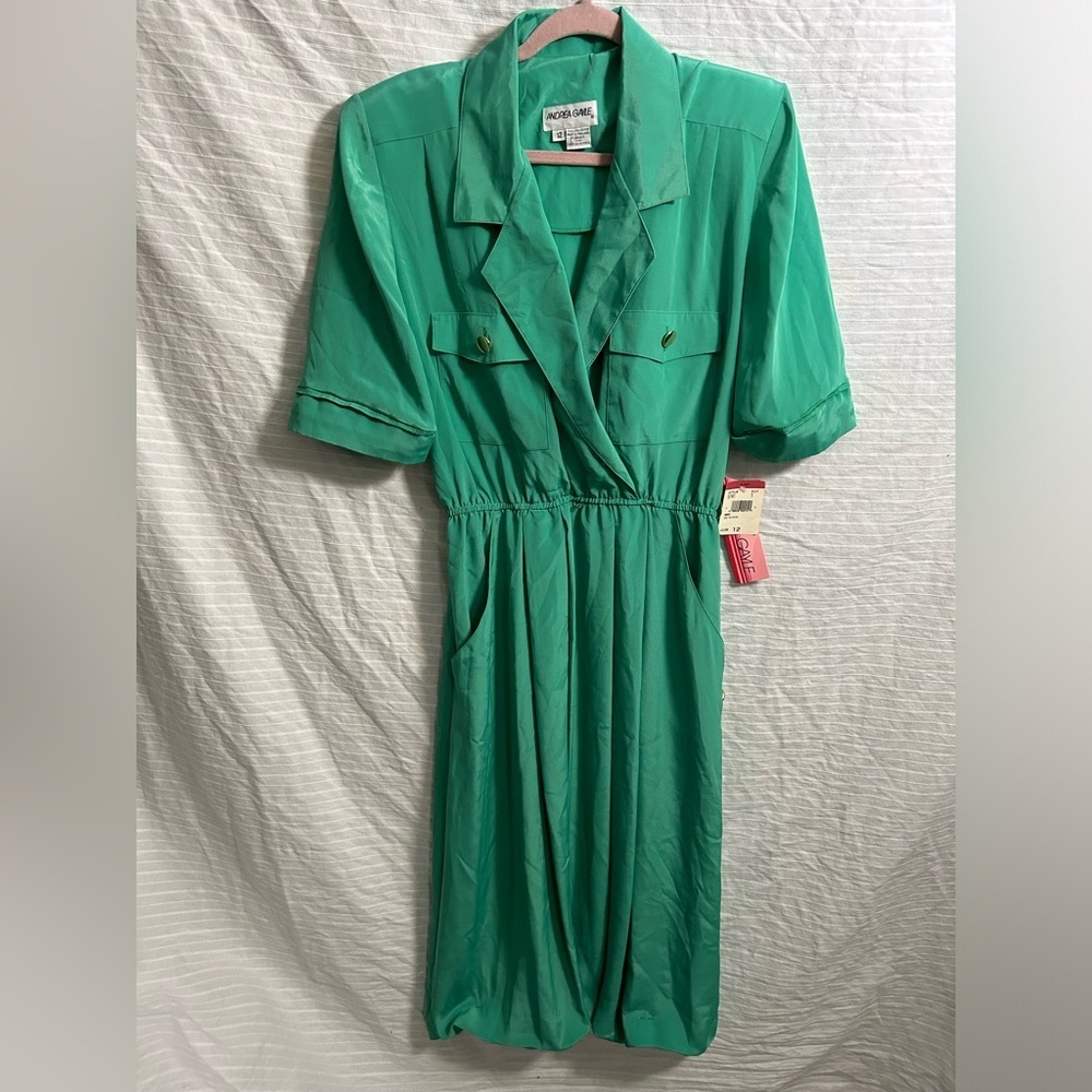 Vintage Andrea Gayle Green 4 Pocket Front Long Sleeve Midi Dress No Hem 12 B38